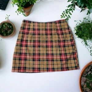 Wmns Medium Plaid Skirt School Girl Red Yellow Brown White Blue Side Zip Closure